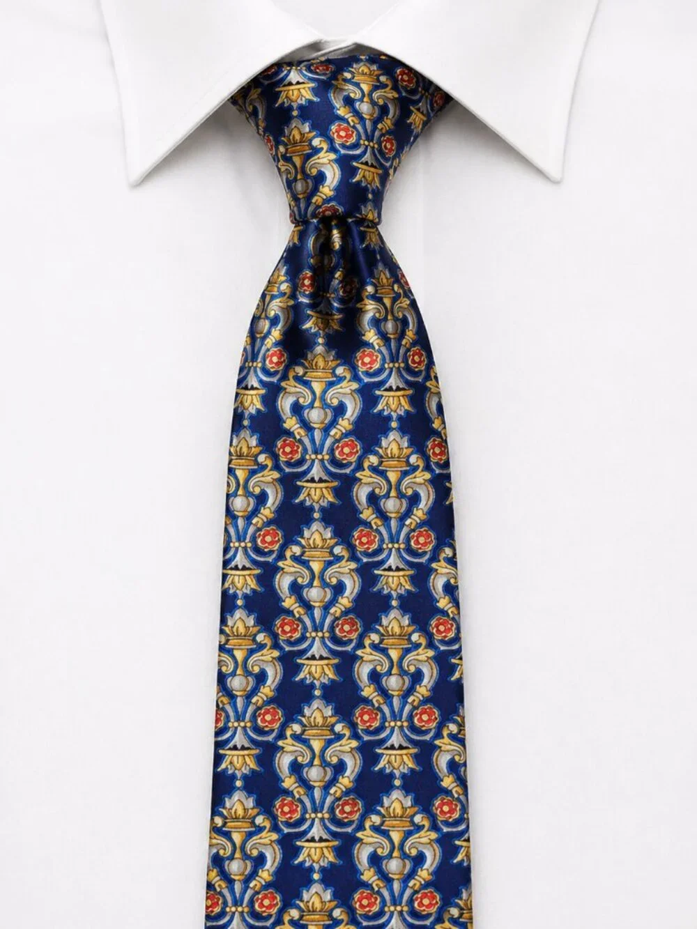 Paco Rabanne VTG Men’s Necktie Navy Blue Gold Floral Baroque Silk Print Italy